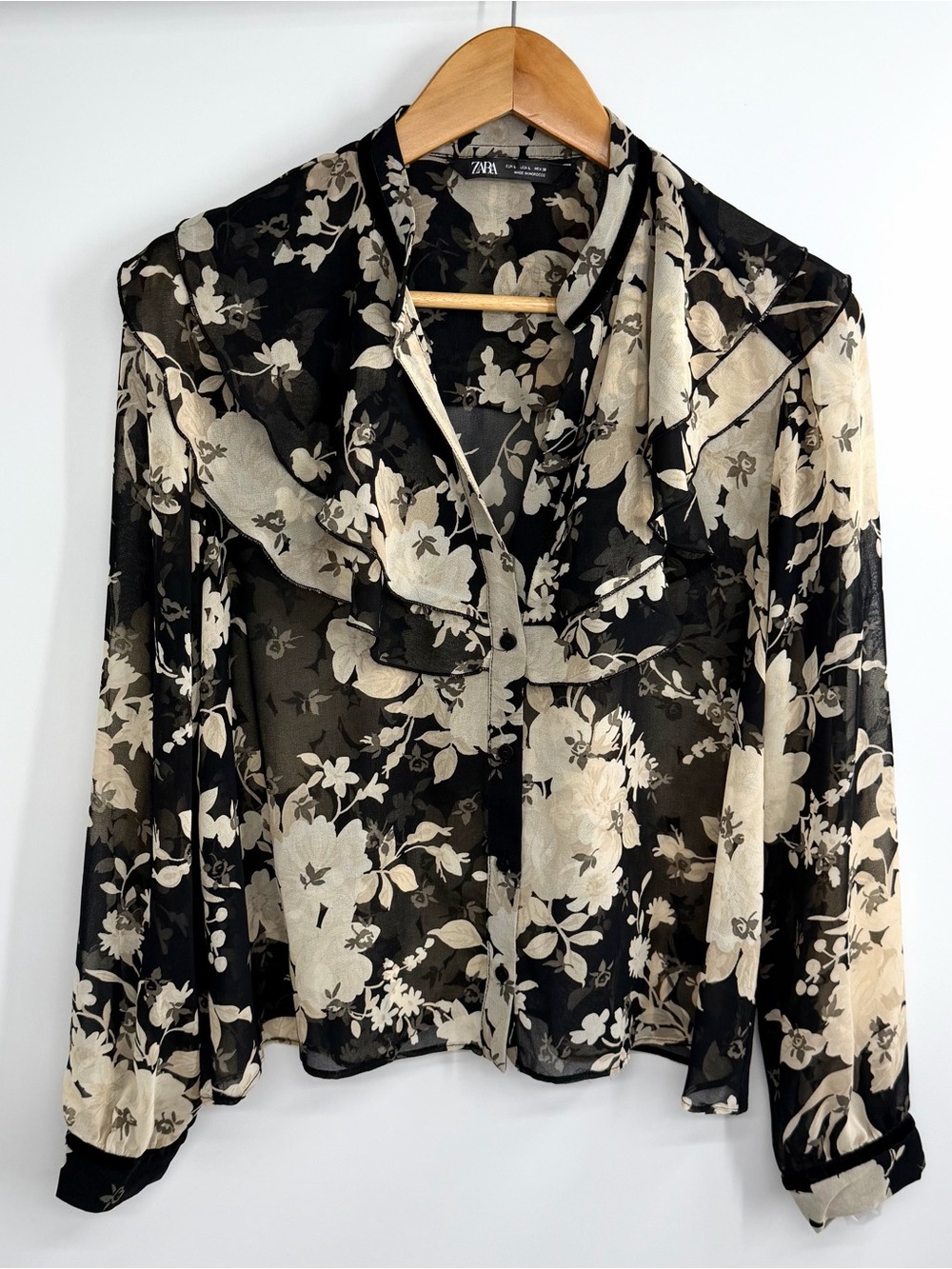 Zara Black & Cream Floral Sheer Ruffle Blouse